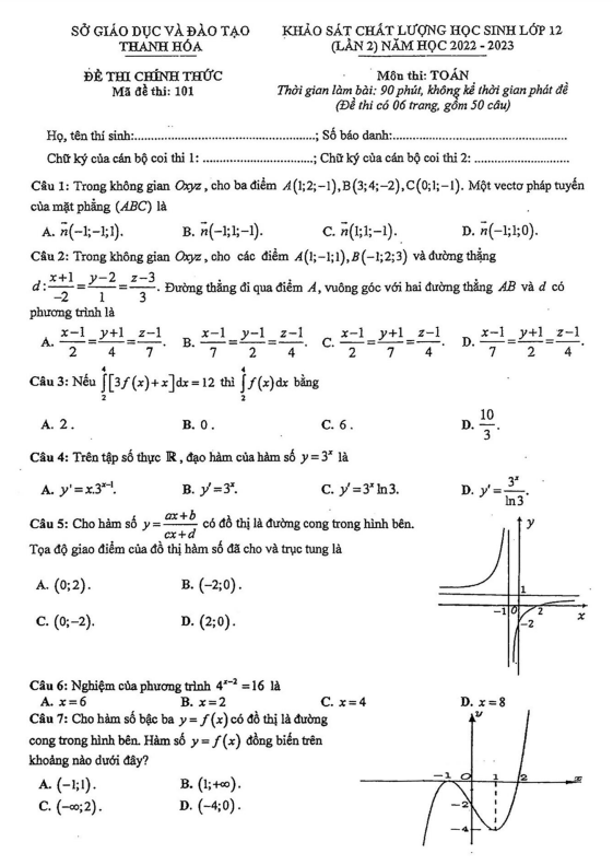 Đề khảo sát chất lượng Toán 12 lần 2 năm 2022 2023 sở GD&ĐT Thanh Hóa