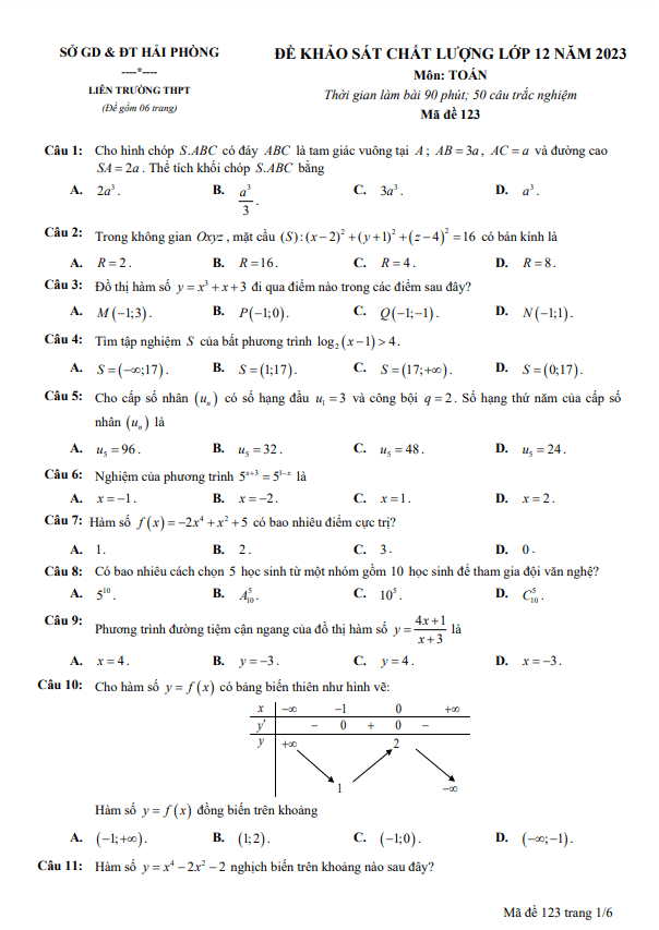Đề khảo sát chất lượng Toán 12 năm 2023 liên trường THPT Hải Phòng
