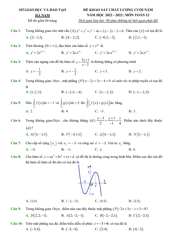 Đề khảo sát cuối năm Toán 12 năm 2022 2023 sở GD&ĐT Hà Nam