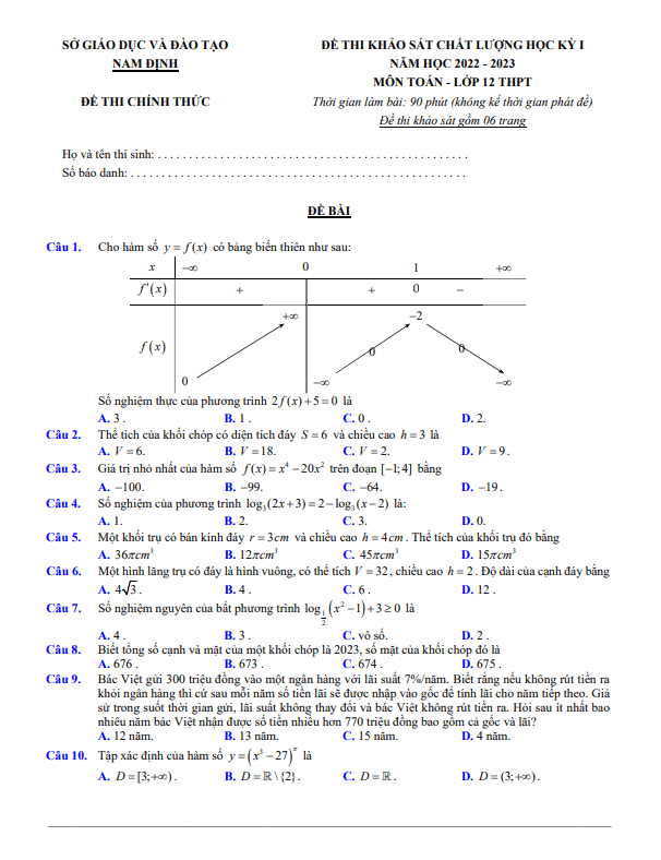 Đề khảo sát học kỳ 1 Toán 12 năm 2022 2023 sở GD&ĐT Nam Định