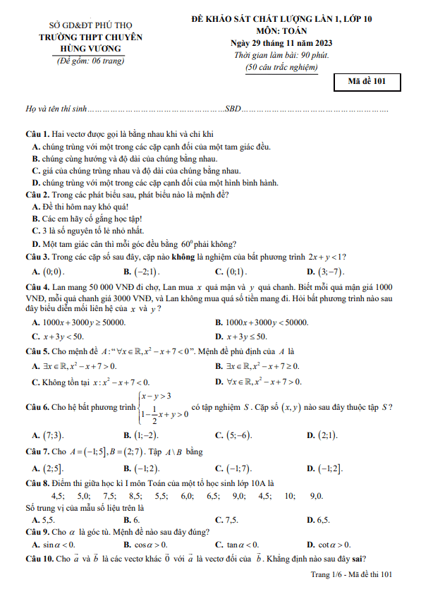 Đề khảo sát lần 1 Toán 10 năm 2023 2024 trường THPT chuyên Hùng Vương Phú Thọ