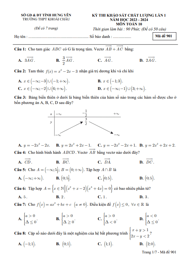 Đề khảo sát lần 1 Toán 10 năm 2023 2024 trường THPT Khoái Châu Hưng Yên