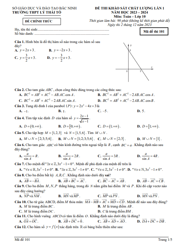 Đề khảo sát lần 1 Toán 10 năm 2023 2024 trường THPT Lý Thái Tổ Bắc Ninh