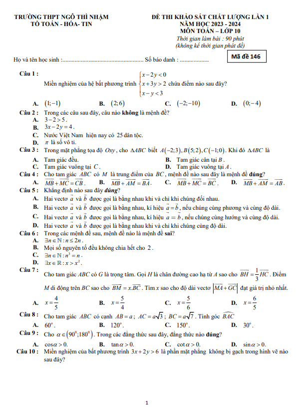 Đề khảo sát lần 1 Toán 10 năm 2023 2024 trường THPT Ngô Thì Nhậm Ninh Bình