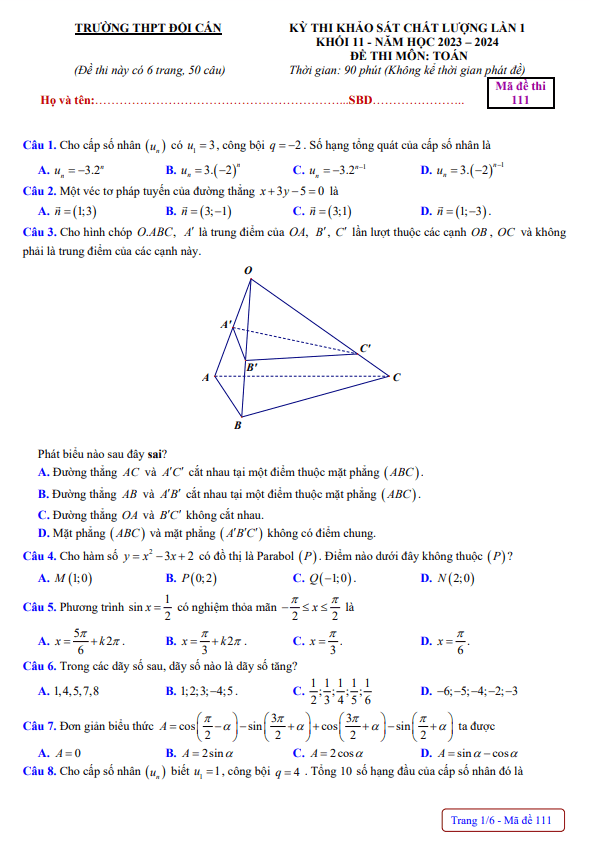 Đề khảo sát lần 1 Toán 11 năm 2023 2024 trường THPT Đội Cấn Vĩnh Phúc