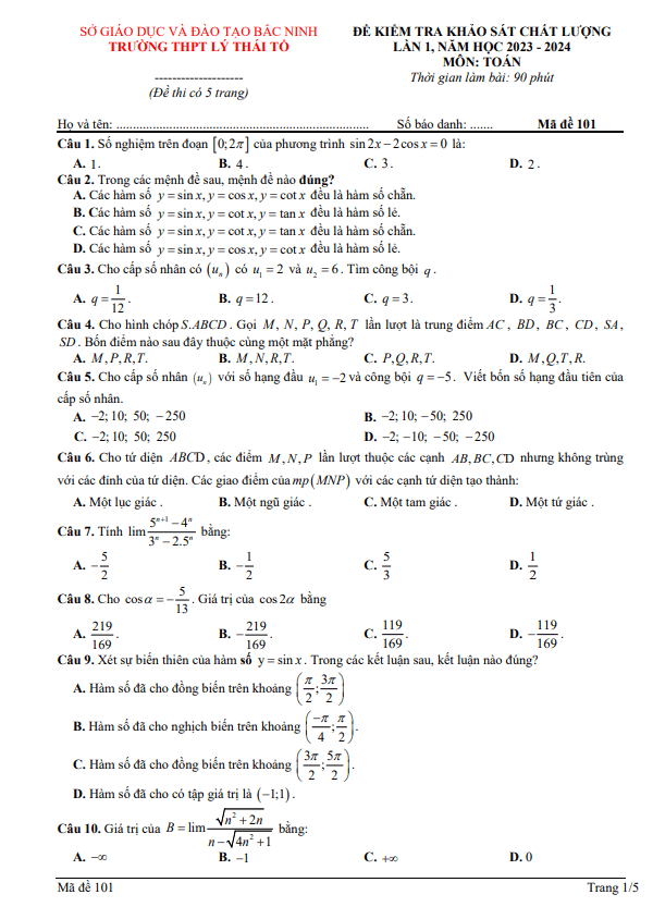 Đề khảo sát lần 1 Toán 11 năm 2023 2024 trường THPT Lý Thái Tổ Bắc Ninh