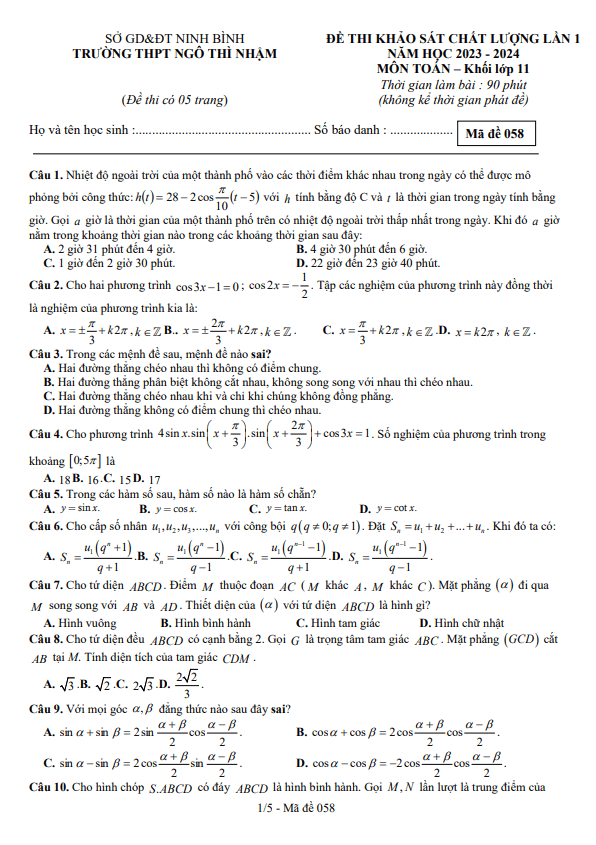 Đề khảo sát lần 1 Toán 11 năm 2023 2024 trường THPT Ngô Thì Nhậm Ninh Bình