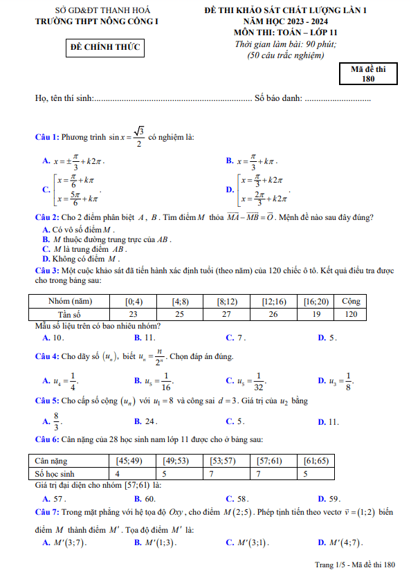 Đề khảo sát lần 1 Toán 11 năm 2023 2024 trường THPT Nông Cống 1 Thanh Hóa