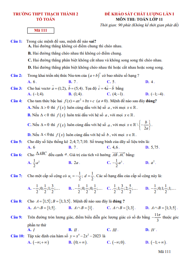 Đề khảo sát lần 1 Toán 11 năm 2023 2024 trường THPT Thạch Thành 2 Thanh Hóa