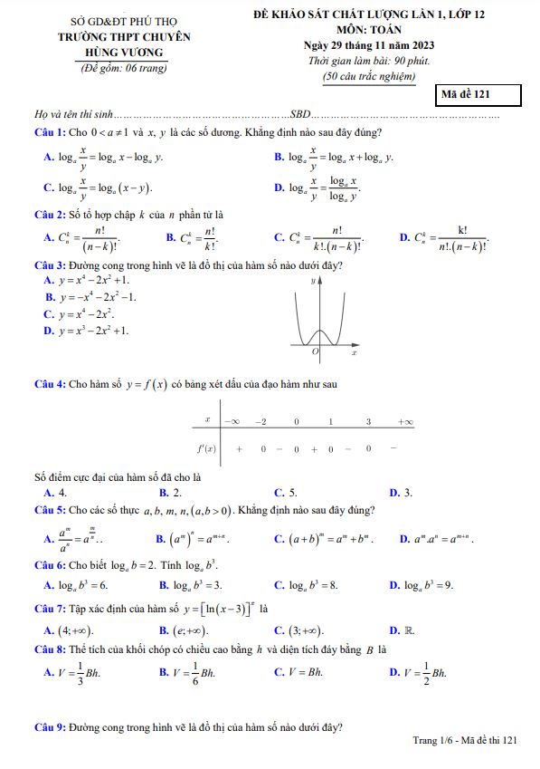 Đề khảo sát lần 1 Toán 12 năm 2023 2024 trường THPT chuyên Hùng Vương Phú Thọ
