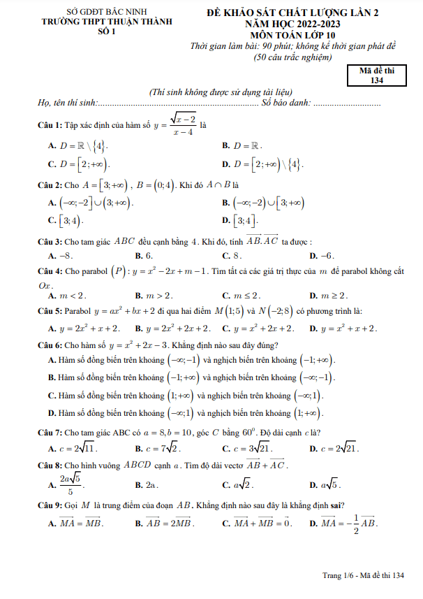 Đề khảo sát lần 2 Toán 10 năm 2022 2023 trường THPT Thuận Thành 1 Bắc Ninh