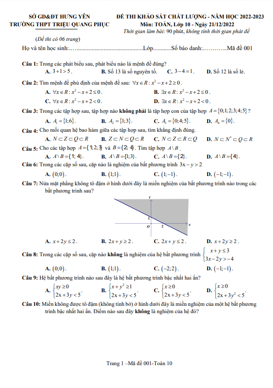 Đề khảo sát lần 2 Toán 10 năm 2022 2023 trường THPT Triệu Quang Phục Hưng Yên