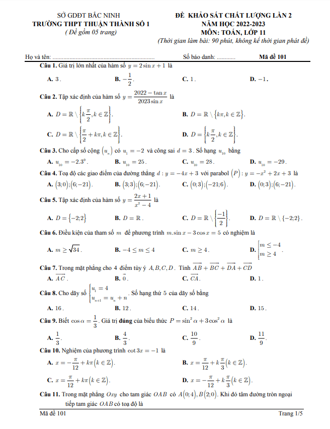 Đề khảo sát lần 2 Toán 11 năm 2022 2023 trường THPT Thuận Thành 1 Bắc Ninh