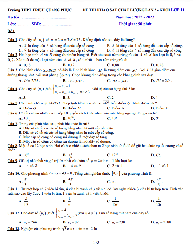 Đề khảo sát lần 2 Toán 11 năm 2022 2023 trường THPT Triệu Quang Phục Hưng Yên