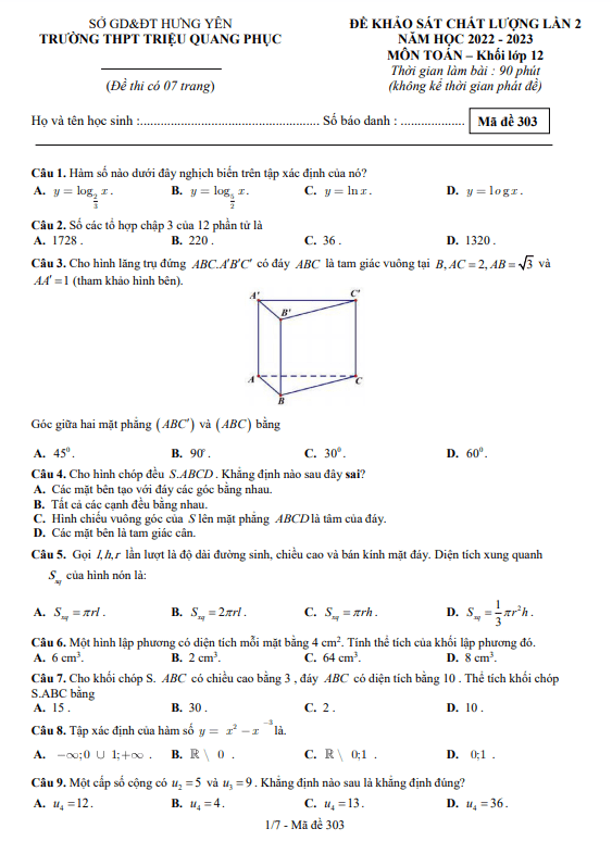 Đề khảo sát lần 2 Toán 12 năm 2022 2023 trường THPT Triệu Quang Phục Hưng Yên
