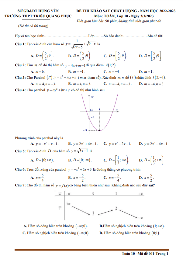 Đề khảo sát lần 3 Toán 10 năm 2022 2023 trường THPT Triệu Quang Phục Hưng Yên
