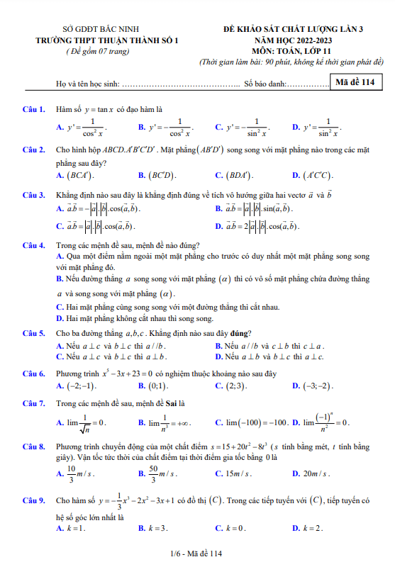 Đề khảo sát lần 3 Toán 11 năm 2022 2023 trường THPT Thuận Thành 1 Bắc Ninh