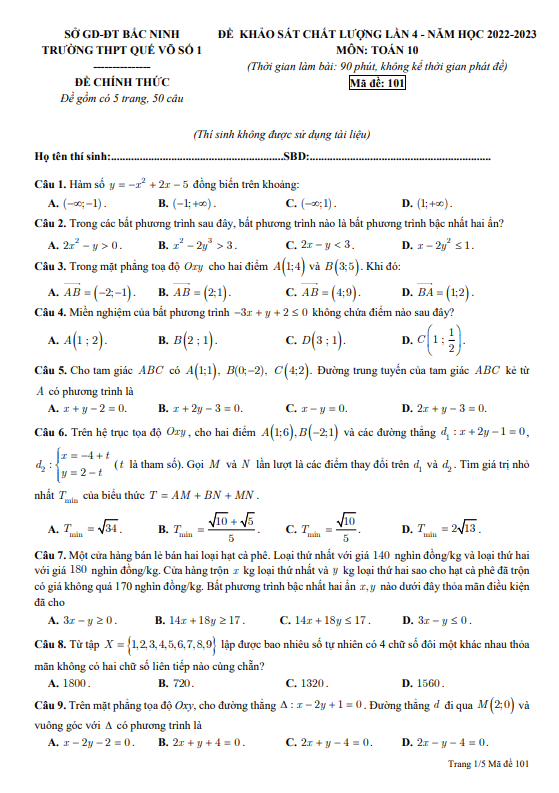Đề khảo sát lần 4 Toán 10 năm 2022 2023 trường THPT Quế Võ 1 Bắc Ninh