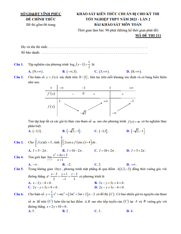 Đề khảo sát môn Toán thi tốt nghiệp THPT 2023 lần 2 sở GD&ĐT Vĩnh Phúc