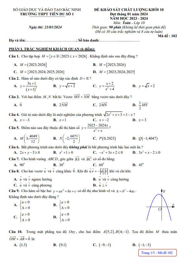 Đề khảo sát Toán 10 đợt tháng 01 năm 2024 trường THPT Tiên Du 1 Bắc Ninh