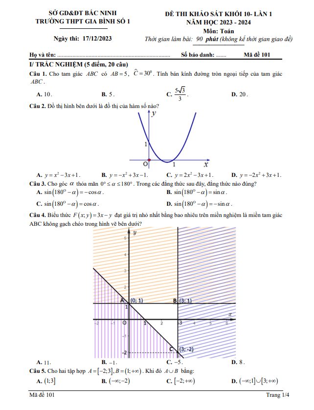 Đề khảo sát Toán 10 lần 1 năm 2023 2024 trường THPT Gia Bình 1 Bắc Ninh