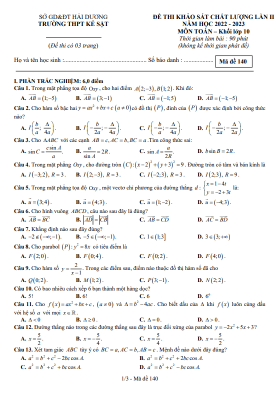 Đề khảo sát Toán 10 lần 2 năm 2022 2023 trường THPT Kẻ Sặt Hải Dương