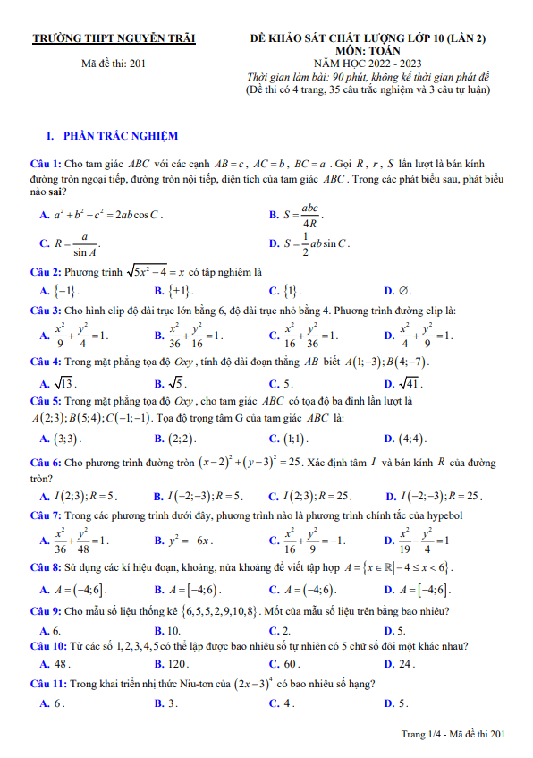 Đề khảo sát Toán 10 lần 2 năm 2022 2023 trường THPT Nguyễn Trãi Thanh Hoá