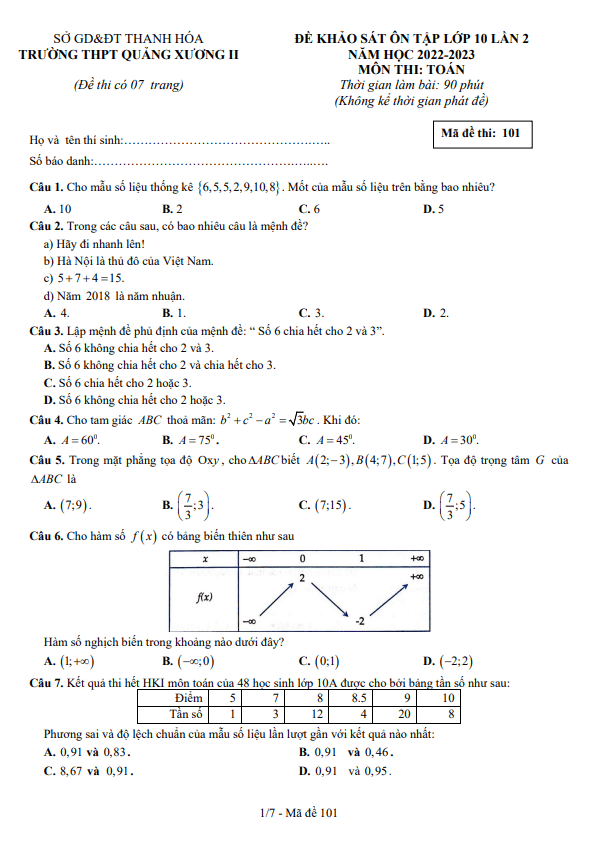 Đề khảo sát Toán 10 lần 2 năm 2022 2023 trường THPT Quảng Xương 2 Thanh Hóa
