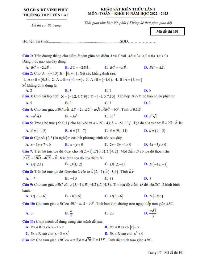 Đề khảo sát Toán 10 lần 2 năm 2022 2023 trường THPT Yên Lạc Vĩnh Phúc