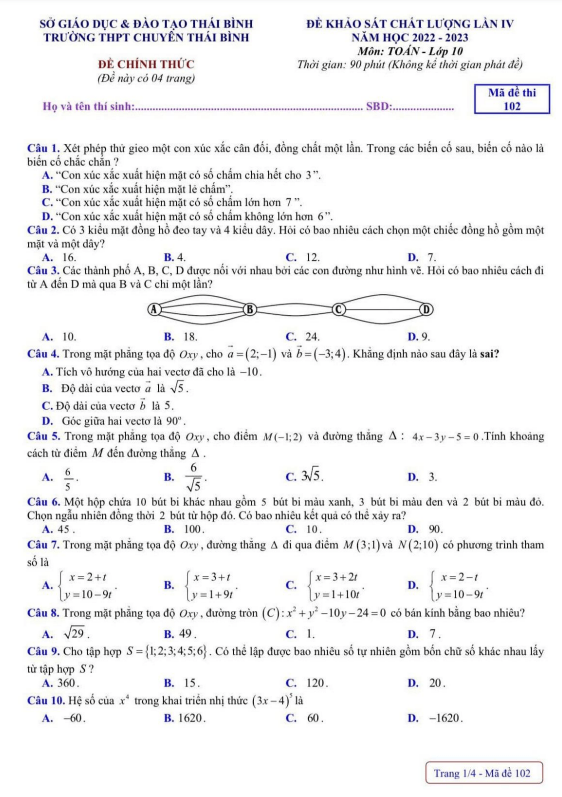 Đề khảo sát Toán 10 lần 4 năm 2022 2023 trường THPT chuyên Thái Bình