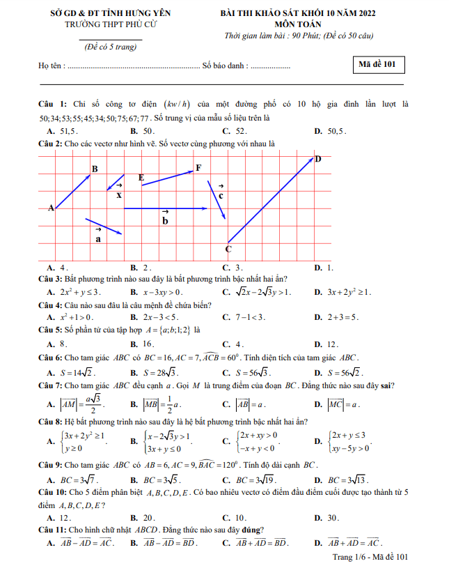 Đề khảo sát Toán 10 năm 2022 2023 trường THPT Phù Cừ Hưng Yên