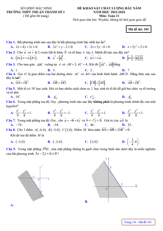 Đề khảo sát Toán 11 đầu năm 2023 2024 trường THPT Thuận Thành 1 Bắc Ninh