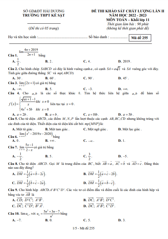 Đề khảo sát Toán 11 lần 2 năm 2022 2023 trường THPT Kẻ Sặt Hải Dương