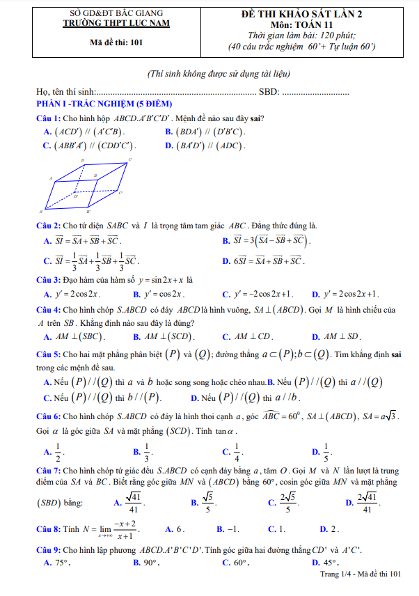 Đề khảo sát Toán 11 lần 2 năm 2022 2023 trường THPT Lục Nam Bắc Giang