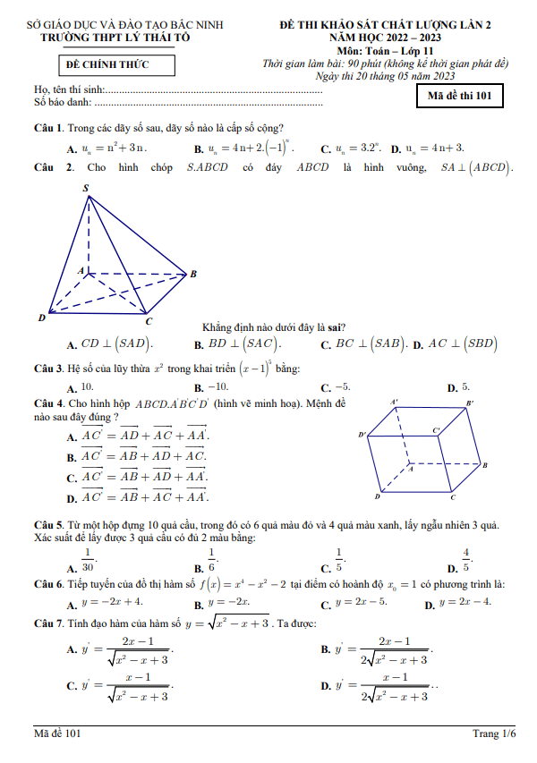 Đề khảo sát Toán 11 lần 2 năm 2022 2023 trường THPT Lý Thái Tổ Bắc Ninh