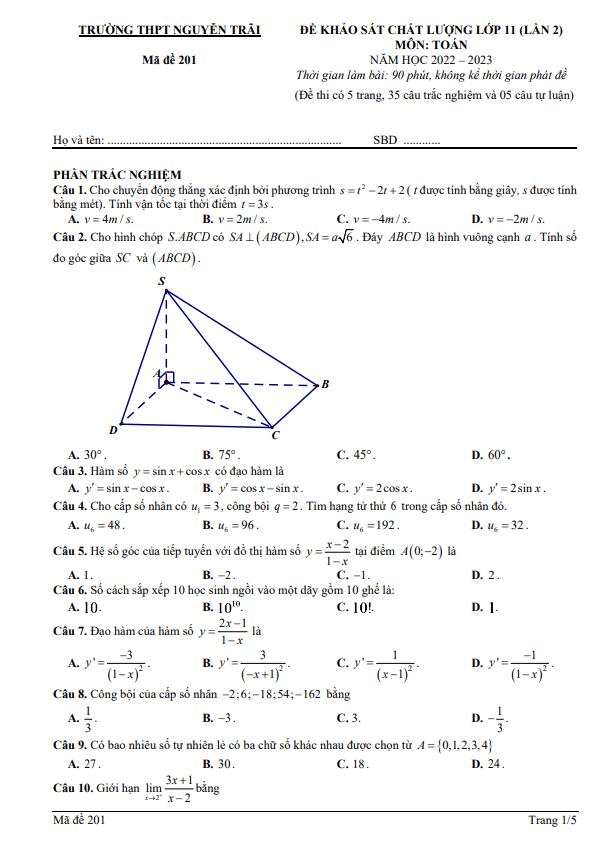 Đề khảo sát Toán 11 lần 2 năm 2022 2023 trường THPT Nguyễn Trãi Thanh Hoá