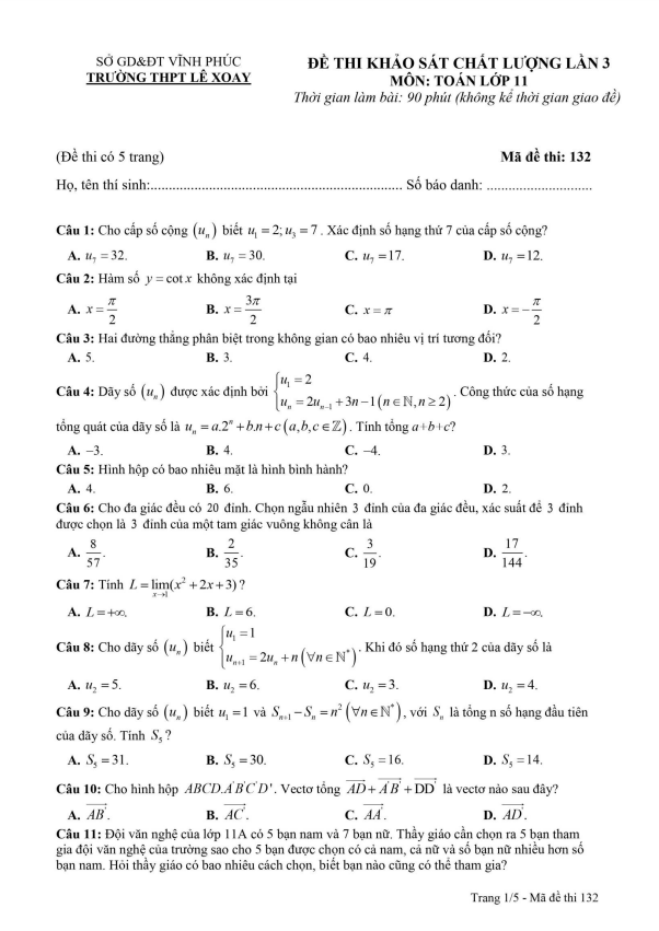 Đề khảo sát Toán 11 lần 3 năm 2022 2023 trường THPT Lê Xoay Vĩnh Phúc