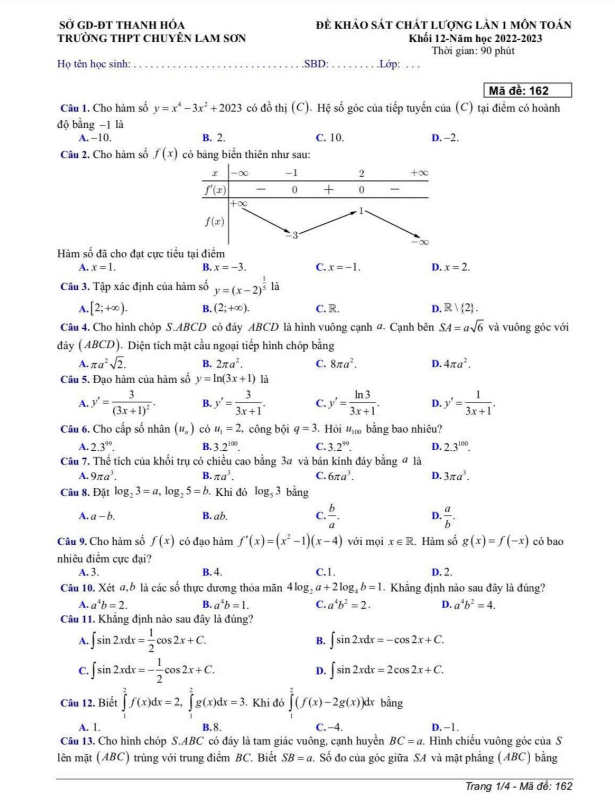 Đề khảo sát Toán 12 lần 1 năm 2022 2023 trường chuyên Lam Sơn Thanh Hóa