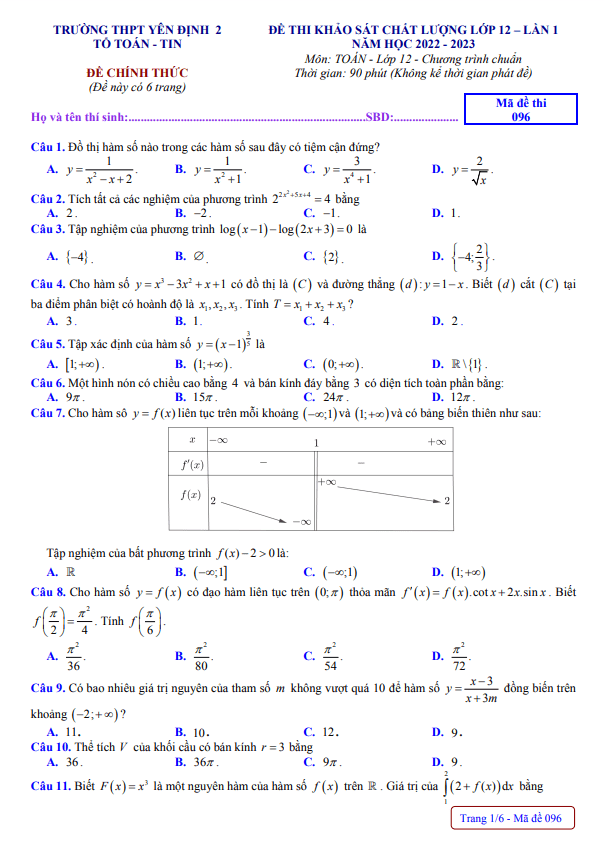 Đề khảo sát Toán 12 lần 1 năm 2022 2023 trường THPT Yên Định 2 Thanh Hóa