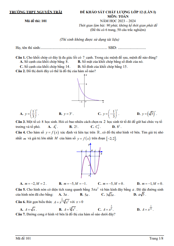 Đề khảo sát Toán 12 lần 1 năm 2023 2024 trường THPT Nguyễn Trãi Thanh Hóa