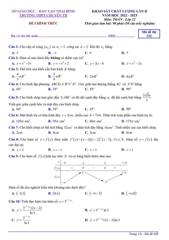 Đề khảo sát Toán 12 lần 2 năm 2022 2023 trường THPT chuyên Thái Bình