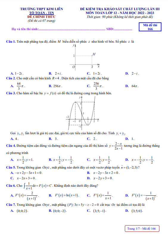 Đề khảo sát Toán 12 lần 3 năm 2022 2023 trường THPT Kim Liên Hà Nội
