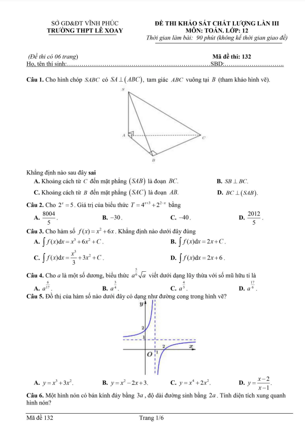 Đề khảo sát Toán 12 lần 3 năm 2022 2023 trường THPT Lê Xoay Vĩnh Phúc
