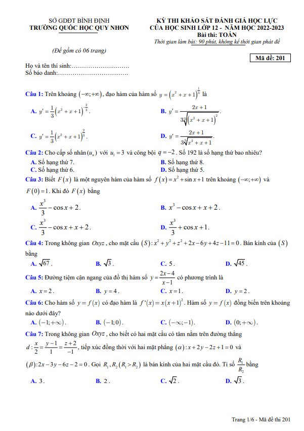 Đề khảo sát Toán 12 năm 2022 2023 trường Quốc Học Quy Nhơn Bình Định