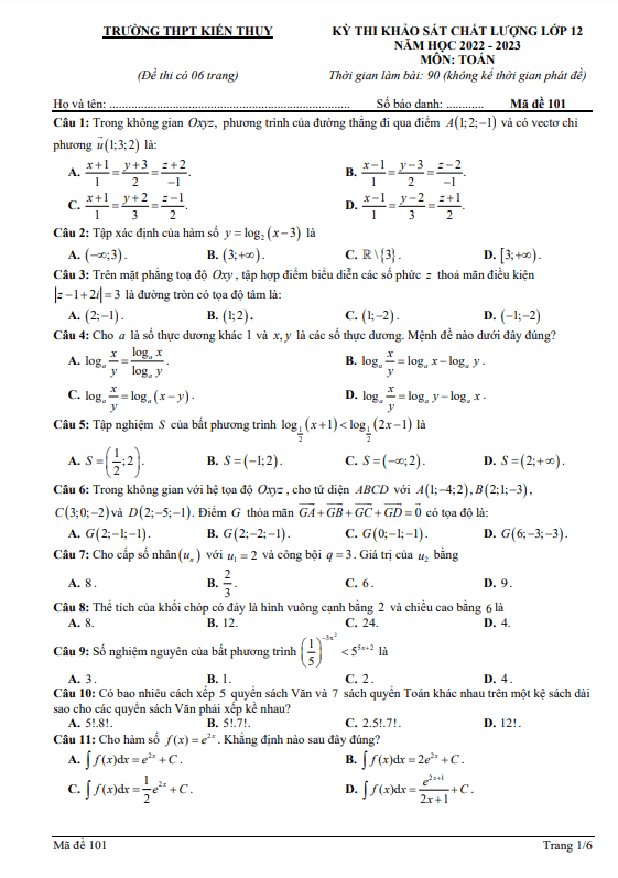 Đề khảo sát Toán 12 năm 2022 2023 trường THPT Kiến Thụy Hải Phòng