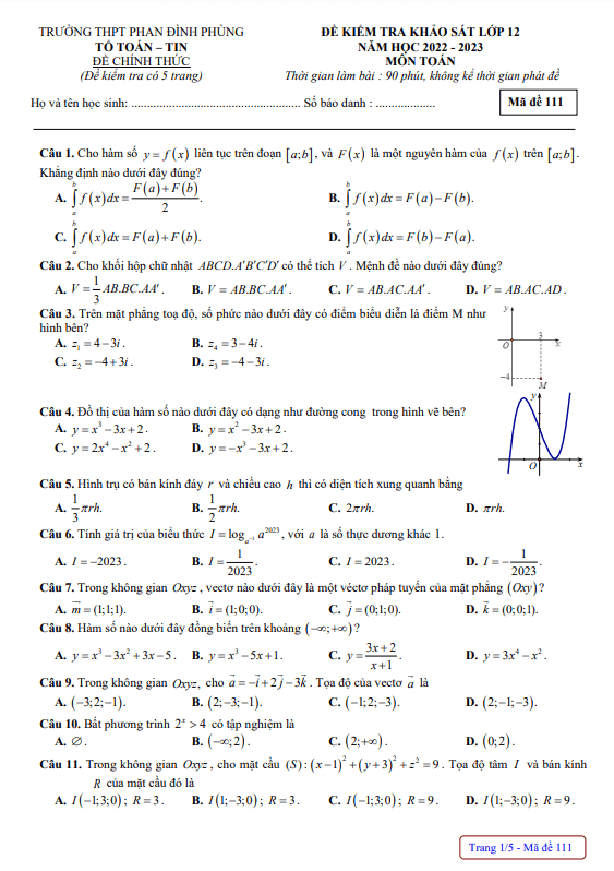 Đề khảo sát Toán 12 năm 2022 2023 trường THPT Phan Đình Phùng Hà Nội