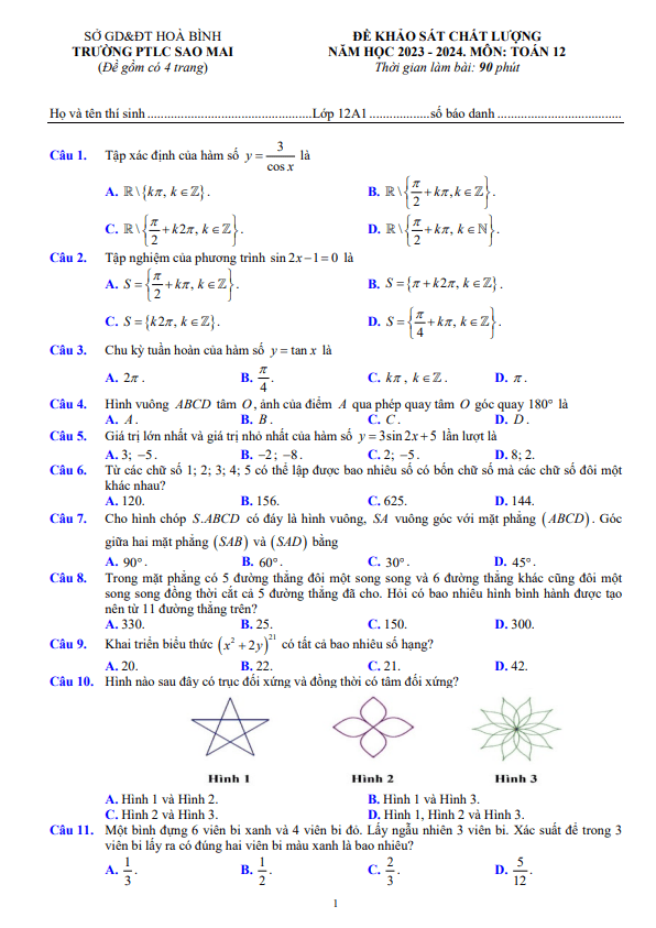 Đề khảo sát Toán 12 năm 2023 2024 trường PTLC Sao Mai Hòa Bình