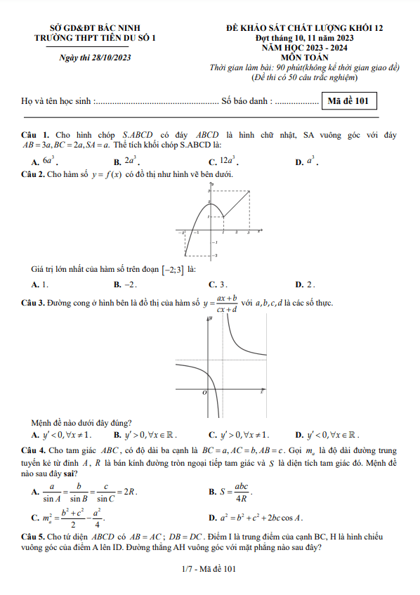 Đề khảo sát Toán 12 năm 2023 2024 trường THPT Tiên Du 1 Bắc Ninh