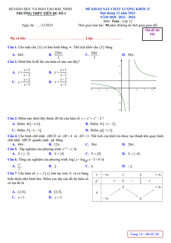 Đề khảo sát Toán 12 tháng 12 năm 2023 trường THPT Tiên Du 1 Bắc Ninh