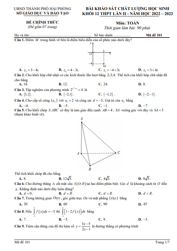 Đề khảo sát Toán 12 THPT lần 2 năm 2022 2023 sở GD&ĐT Hải Phòng